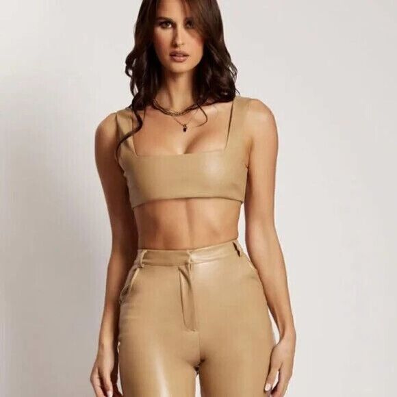 Meshki Mahla Faux Leather Square Neck Crop Bralette tank Camel brown size Large - Picture 1 of 6